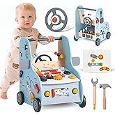 Giant bean Wooden Baby Push Walker with Activity Center – Car Traffic Theme Tool Bench Shape Sorter, Steering Wheel Gears, Montessori Toy for Toddler 1-3, Walking Toy Speed Adjustable