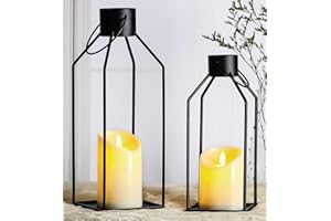 NITIME 2PCS 12/15'' Black Metal Lanterns Decorative(No Glass)-Black Metal Candle Lanterns Decorative Outdoor with 2PCS Flickering LED Candles for Front Porch Decor, Mantle Decorations, and Home Decor