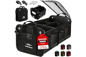 DURABLEZ Car Trunk Organizer - Collapsible, Foldable - with Covering Net, Removable Dividers, Attachable Non-Slip Pads, Mounting Straps, and Stainless Hooks - for SUV, Truck, Sedan, Minivan, and Van - Black