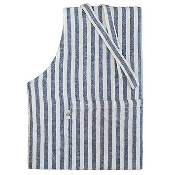 Linen & Cotton Lang Schürze Küchenschürze Kochschürze für Frauen Damen Männer Evie - 100% Leinen (70x100cm), Streifen Weiß/De