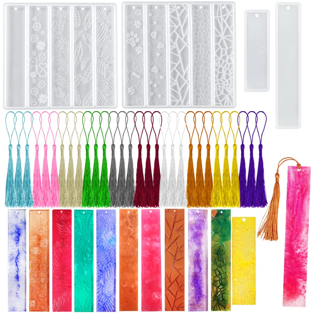 SENHAI 6 Pcs DIY Resin Bookmark Moulds, Rectangle Leaves Texture Flower Shaped Bookmark Moulds for Epoxy Resin(12 Styles) with 30 Pcs Colorful Tassels, 3D DIY Making Handmade Decor Crafts