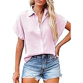 Dokotoo Casual V Neck Button Down Shirts for Women Solid Short Sleeve Blouse Tops