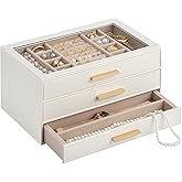 Lolalet Jewelry Box Organizer, 3-Layer Jewelry Organizers and Storage Case with Glass Lid, Ring Earring Bracelet Necklace Holder Organizer, Birthday Valentine Gifts for Women Girls -3Layer, Beige
