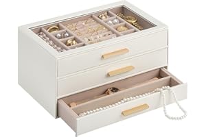 Lolalet Jewelry Box Organizer, 3-Layer Jewelry Organizers and Storage Case with Glass Lid, Ring Earring Bracelet Necklace Holder Organizer, Birthday Christmas Gifts for Women Girls -3Layer, Beige