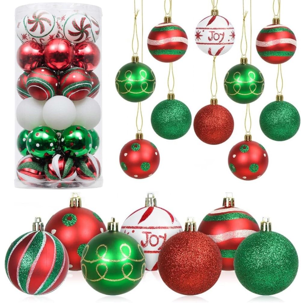 LATERN 24Pcs Christmas Baubles, 6CM Red and Green Christmas Ball Ornaments Shatterproof Christma Hanging Balls Sets for Christma Tree Holidays Home Xmas Party Decoration (7 Styles)