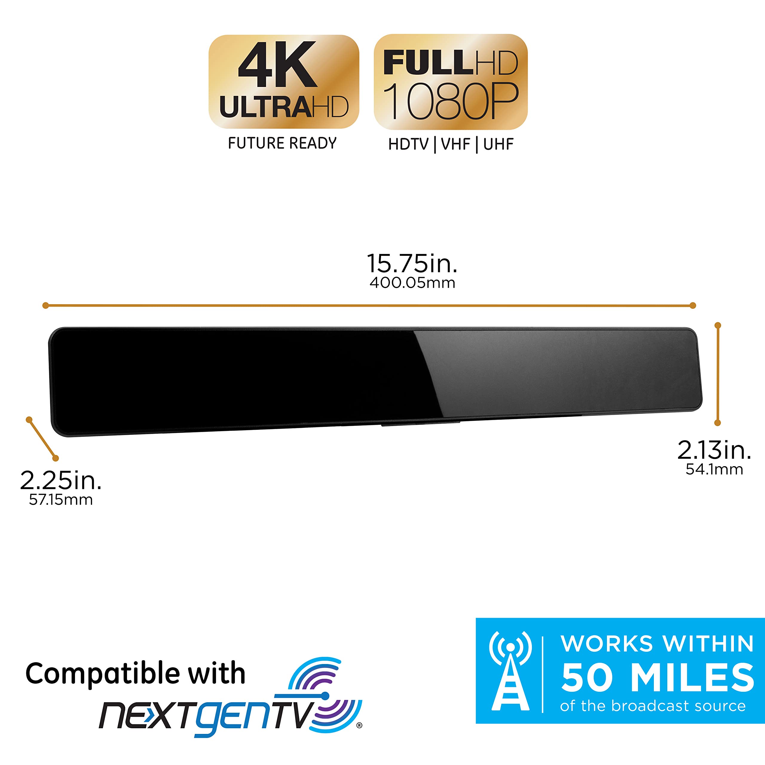 UltraPro Amplified TV Antenna, Indoor Bar Design, Long Range, Supports 4K 1080P HD Digital VHF UHF, Smart TV Indoor Antenna, Amplifier Signal Booster, Black, 47331