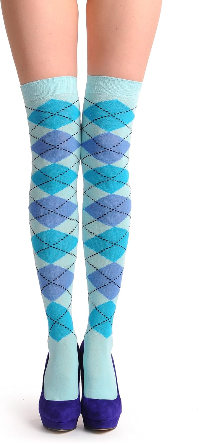 Argyle Blue, Sky Blue & navy Blue Over The Knee Socks at Amazon Women