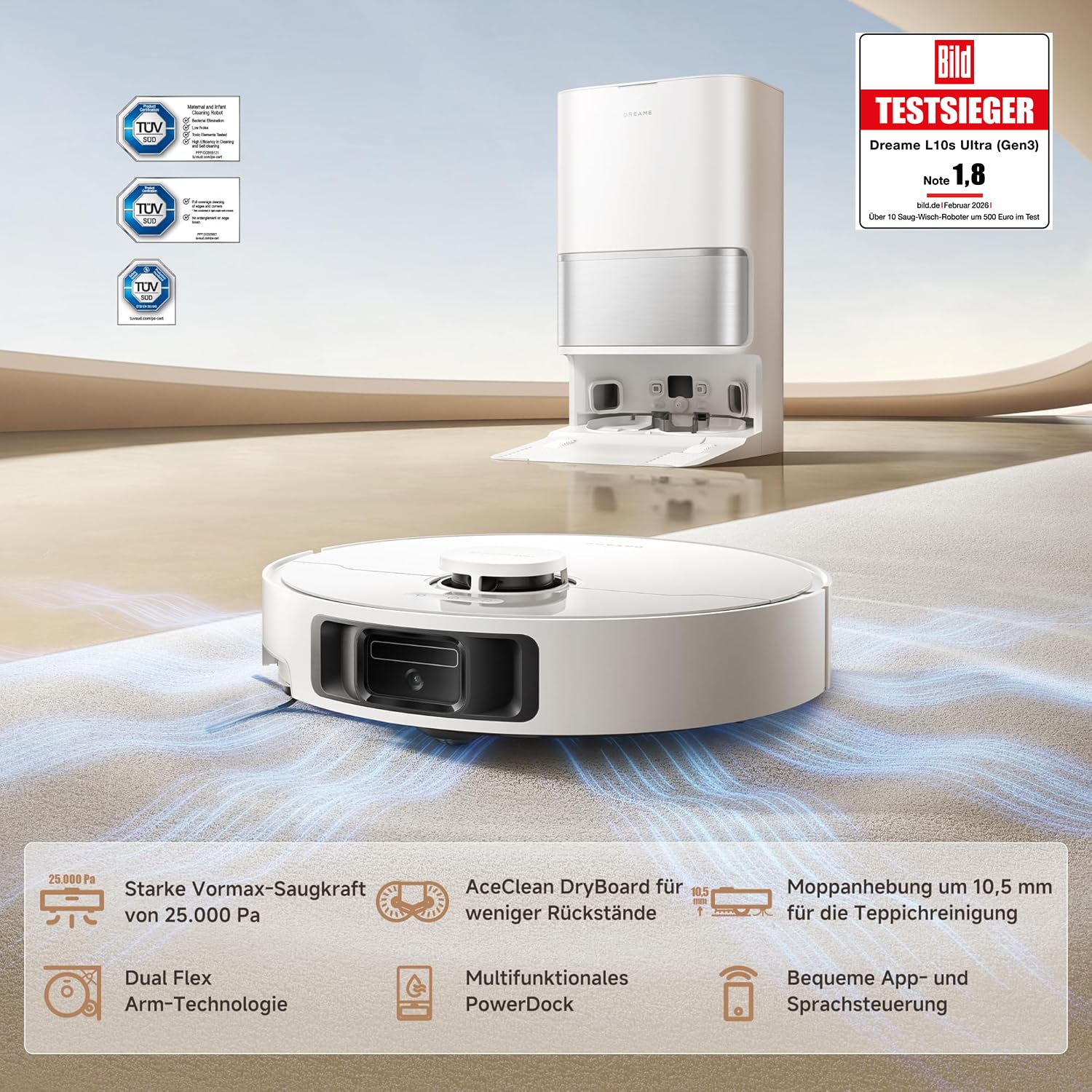 DREAME L10s Ultra Gen 3 Kit Saugroboter mit Wischfunktion mit einer Saugkraft von 25.000 Pa, Seitenbürste und Mopp ausfahrbar, selbstreinigende All-in-One-Dockingstation, Steuerung per App und Sprache 2
