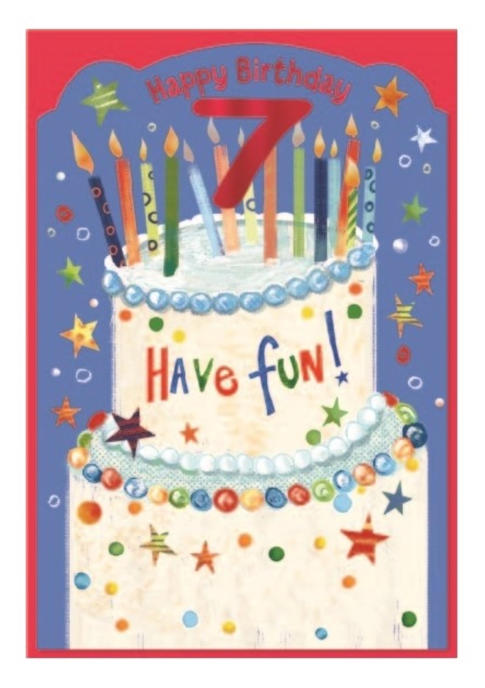 Age 7 Boy Birthday Card - 7th Birthday Blue with Bright Birthday Cake and Candles and Red Foil 7 7.75"x5.25"