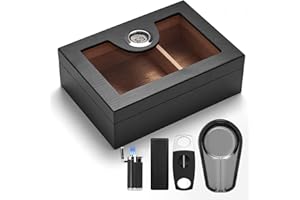 CINOROW Cigar Humidor Box with Lighter and Cutter, Digital Hygrometer and Humidifier, Ashtray, Spanish Cedar Lining and Divider for 25 Cigars, Cigar Accessories Gifts for Men