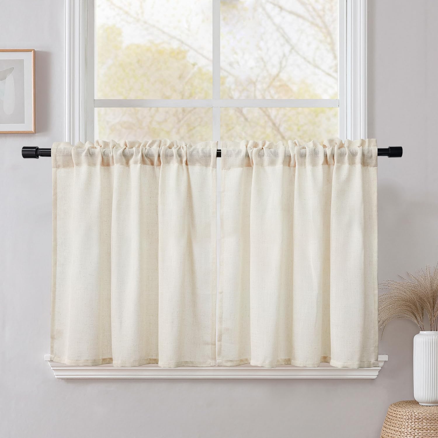 CUCRAF Kitchen Curtains Linen Blend, W 48 x L 48 Inch 2 Panels Cafe Curtains for Small Windows, Short Lightweight Curtain for Rod Pocket Kitchen Sink Cupboard Bathroom, Natural