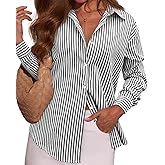 OMSJ Women's Striped Button Down Shirts Casual Long Sleeve Stylish Collared Classic Office Work Blouses Tops