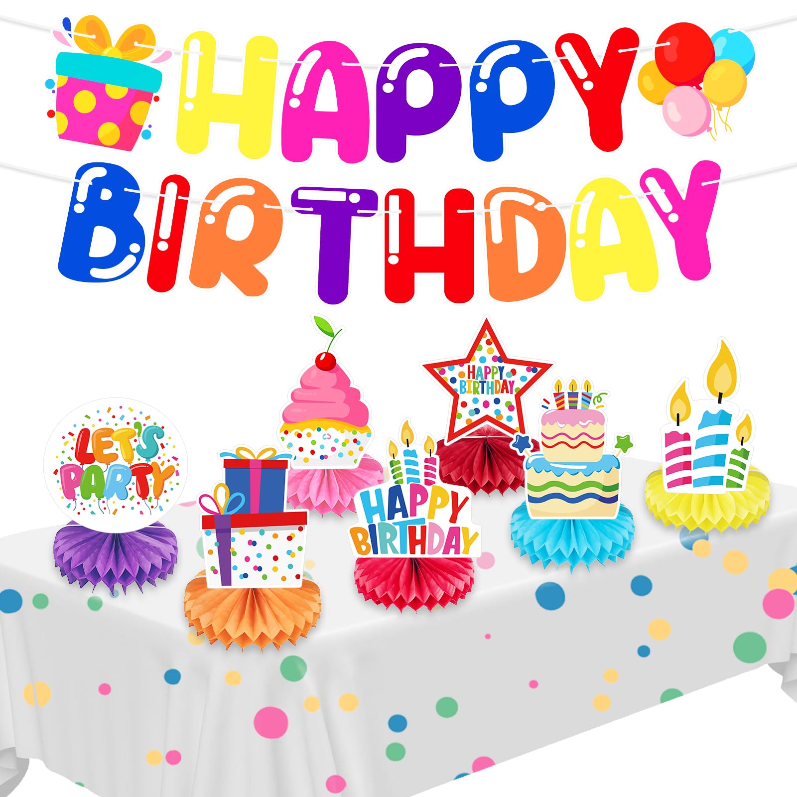 Photo 1 of *2 pack* 7 Pcs Happy Birthday Honeycomb Centerpiece Table Party Decorations - 2 Pack Happy Birthday Banner Sign Honeycomb Centerpieces for Tables Colorful Theme Party Supplies Decor for Kids, Boys, Girls