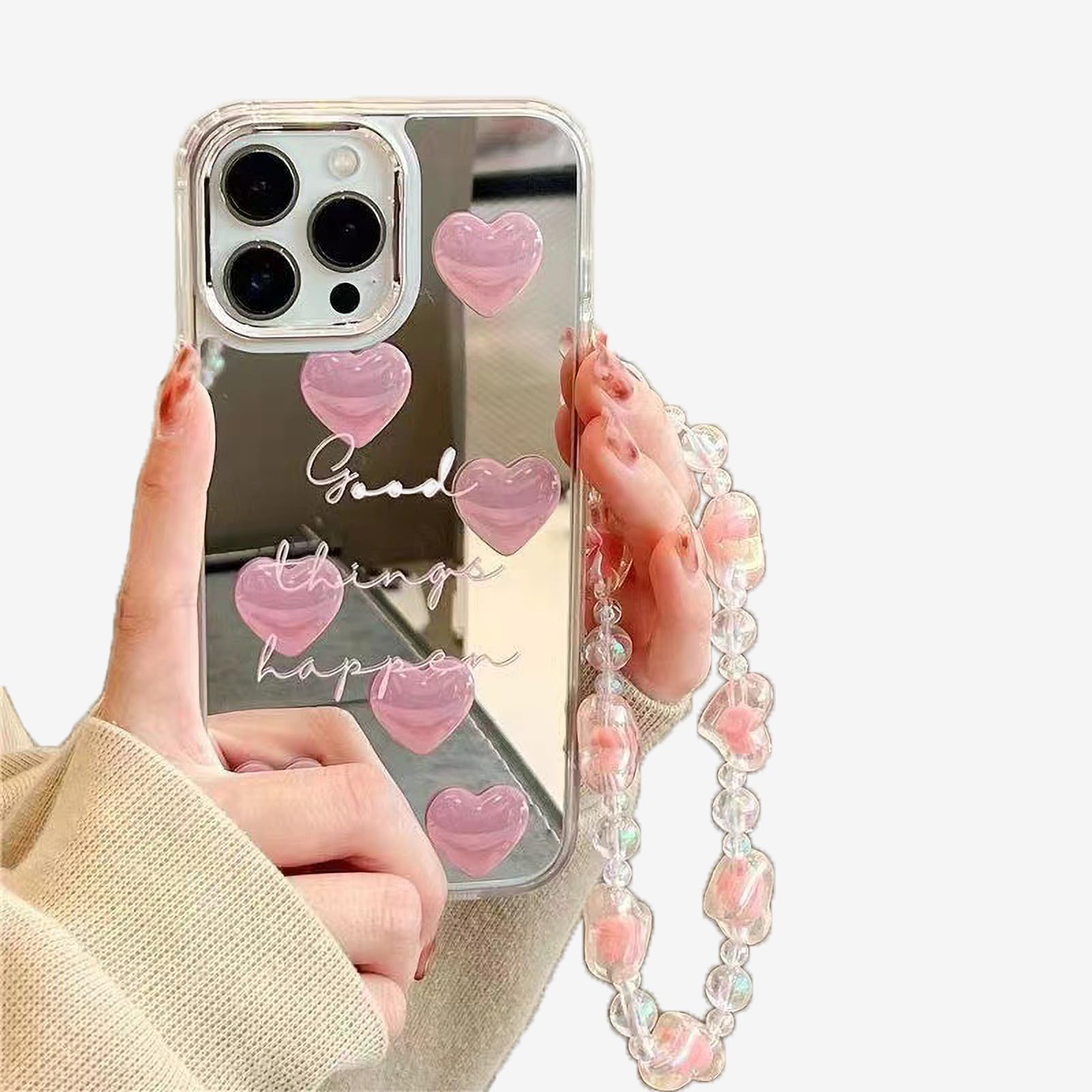 Photo 1 of Eiyikof for iPhone 16 Pro Max Mirror Case with Cute Love Pattern, Senior Phone Case and Lovely Strap Bracelet Chain, Compatible for iPhone 16 Pro Max for Girls Women