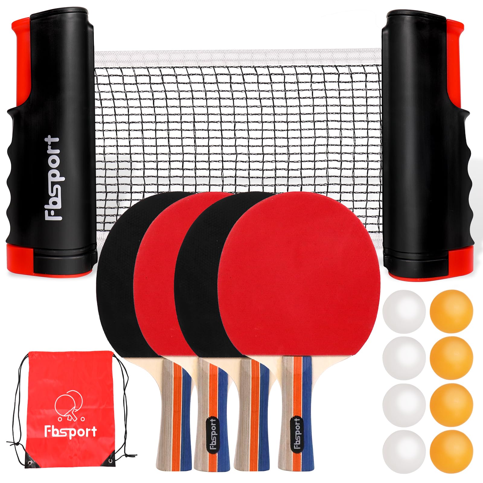 FBSPOR Table Tennis Set with 4 Ping Pong Paddles, Retractable Net, 8 Ping Pong Balls and a Carry Case, Portable Ping Pong Set for Indoor Outdoor Games for Any Table, Gift