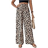 WDIRARA Women's Leopard Print Drawstring Waist Wide Leg Pants Loose Fit Palazzo Pants