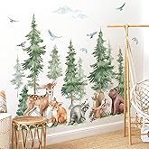 wondever Mountain Tree Wall Stickers Large Pine Tree Forest Animal Bear Fox Peel and Stick Wall Art Decals for Kids Room Baby Nursery Bedroom