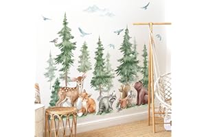 wondever Mountain Tree Wall Stickers Large Pine Tree Forest Animal Bear Fox Peel and Stick Wall Art Decals for Kids Room Baby Nursery Bedroom