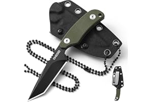 Omesio Tanto Neck Knife, Small Fixed Blade Knife with Kydex Sheath and Clip, Full Tang 6" Neck Knife with Sheath and Necklace, Mini Tactical EDC Knife D2 Steel G10 Handle(Black Steel+ Green Handle)