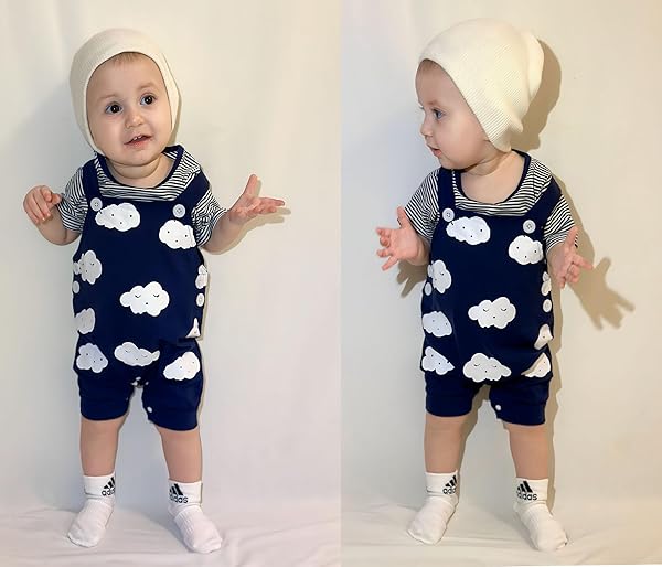 KIMODA BABY BOY CLOTHES OUTFITS SET 12-18 MONTHS SUMMER COTTON BABY BOY FIRST BIRTHDAY OUTFITS 2PCS SET STRIPED T-SHIRT AND CLOUDS DUNGAREES, BLUE3