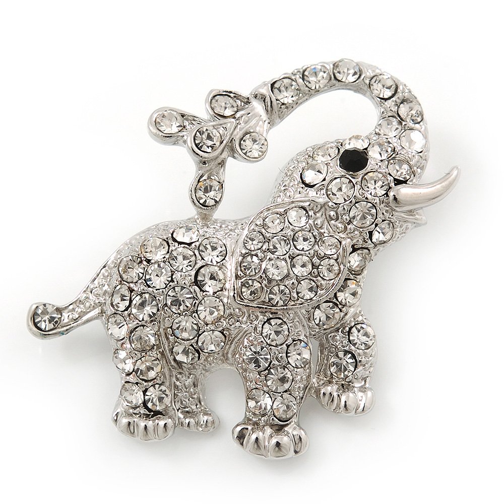 Small Rhodium Plated Pave Set 'Happy Elephant' Brooch - 37mm Across