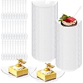 Macepason Mini Dessert Plates with Tasting Spoons Appetizer Plates Small Clear Plates Mini Plastic Tray with Spoons for Party Wedding Reception (100, Elliptic)