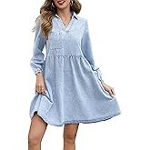 Hersuitful Denim Dress for Women Long Sleeve V Neck Tiered Casual Babydoll Mini Jean Shirt Dresses