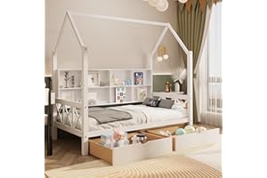 HUMEHA Twin House Bed with Roof and 2 Stoarge Drawers for Kids, Wooden Twin Size Bed Frame with Storage Shelves Guardrails and Wood Slats for Boys Girls, No Box Spring Required, White