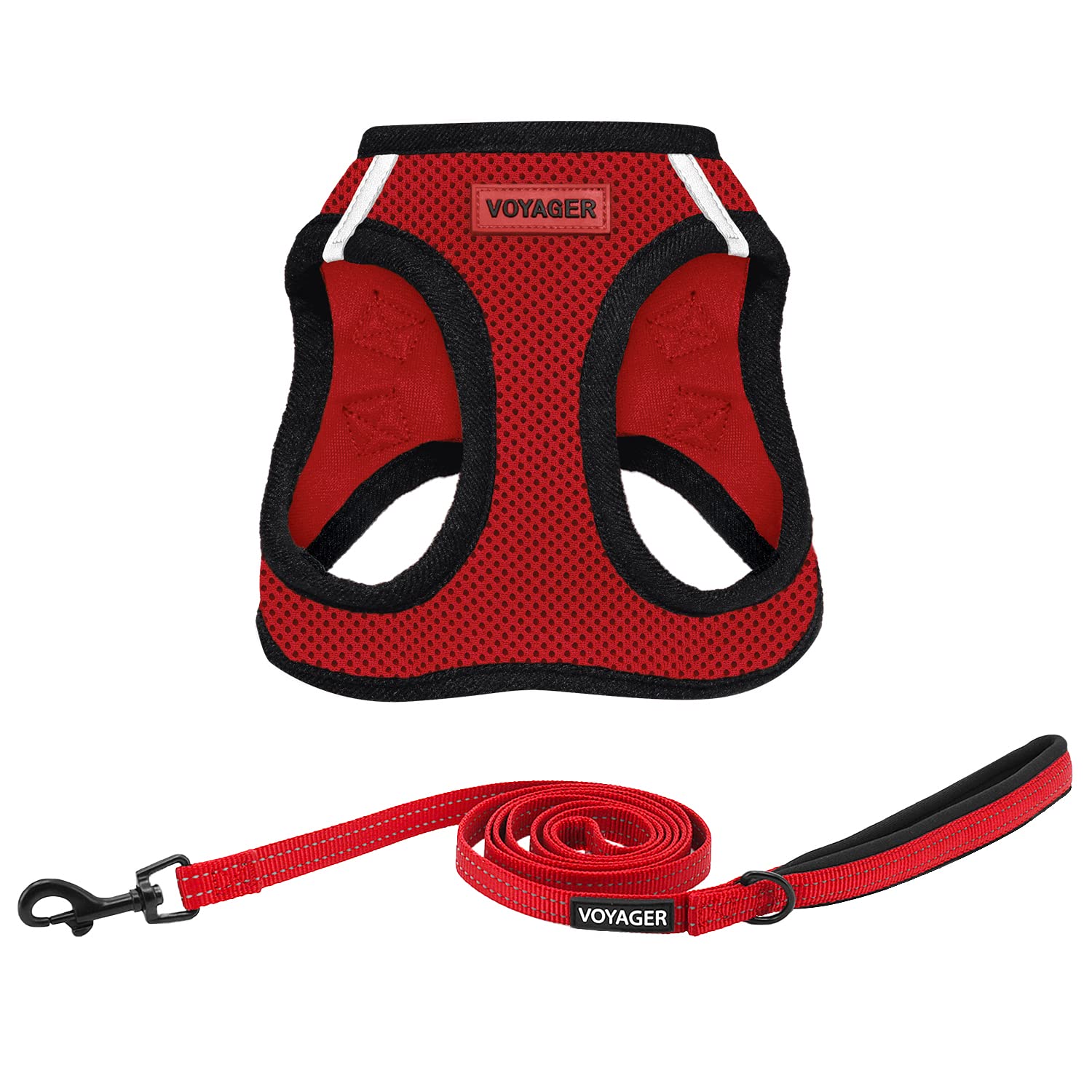 Voyager Step-in Air All Weather Mesh Harness and Reflective Dog 5 ft Leash Combo with Neoprene Handle, for Small, Medium and Large Breed Puppies by Best Pet Supplies - Red/Black Trim, Small