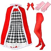 Xuhal Set of 5 Pcs Christmas Costume for Women Christmas Gingham Dresses Velvet Hooded Cape Tights Gloves Bow for Girl