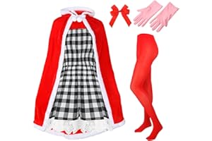 Xuhal Set of 5 Pcs Christmas Costume for Women Christmas Gingham Dresses Velvet Hooded Cape Tights Gloves Bow for Girl
