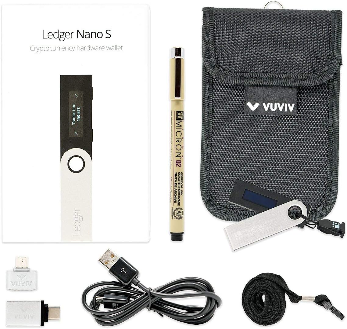 Ledger Nano S Bitcoin Wallet Bundle with RFID Pouch, 2 USB Adapters for Greater Connectivity & 1 Sakura Archival Ink Pen for Recovery Seed Sheet (5 Items)