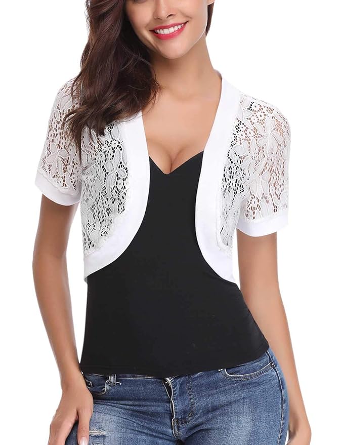 title=Aibrou Cardigan Donna Elegante Coprispalle Manica Corte Bolero Ricamo e Lace per
