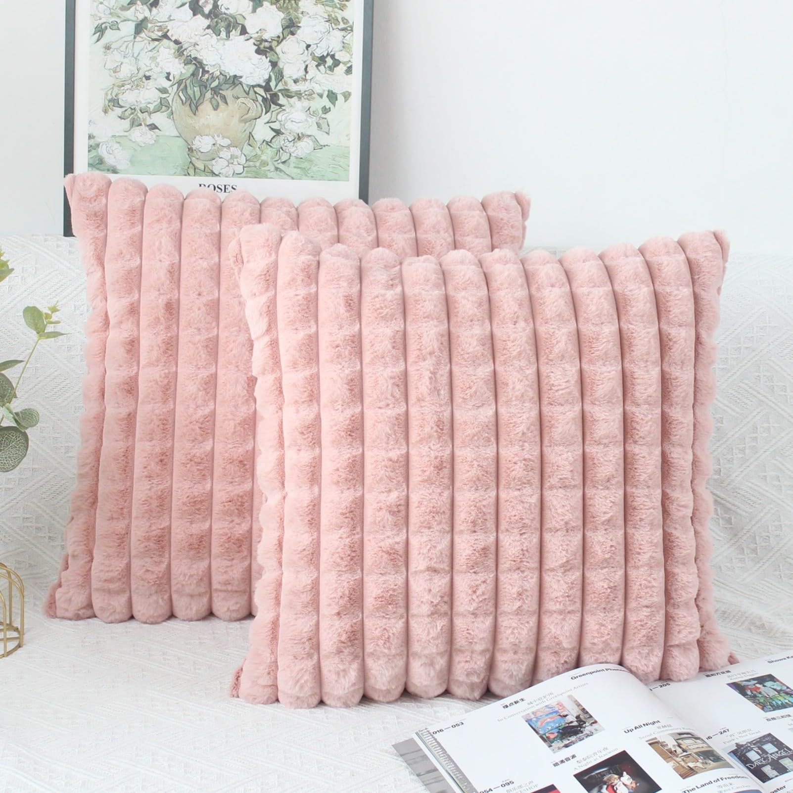 OYIMUA Fluffy Pink Cushion Covers 40cm x 40cm Faux Fur Cushion Cover 16 x 16 inches Set of 2 Pillow Cases Soft Plush Sofa Cushions Living Room Modern Moroccan Covers