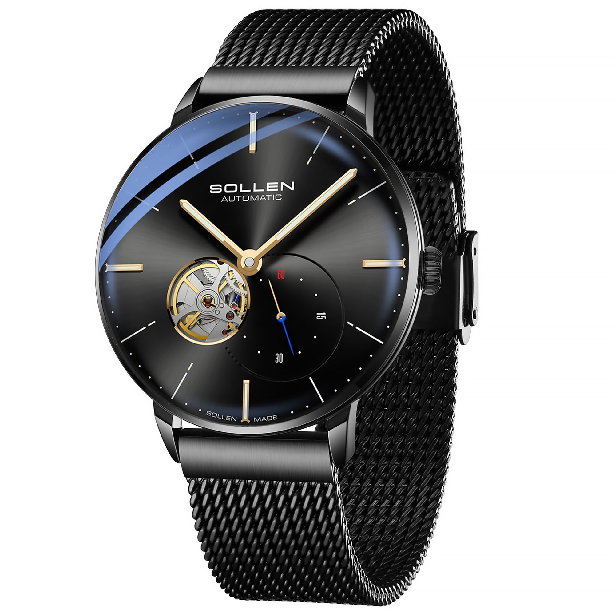 SOLLEN Automatikuhren Herren mit Skelettzifferblatt,Automatische Herrenuhren,Originales Mechanisches Uhrwerk,Leuchtend Selbstaufzug Herrenuhr mit Sekundenzeiger,Armbanduhren als Geschenk für Männer