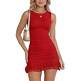 YMDUCH Women's Sexy Crew Neck Sleeveless Mesh Ruched Bodycon Ruffle Hem Mini Party Dress
