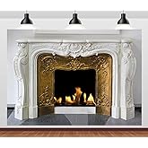 CORFOTO 7x5ft White Marble Fireplace Backdrop Interior European Style Stone Fireplace Photo Backdrop Winter Christmas Fireplace Photography Background Home Decor Photo Booth