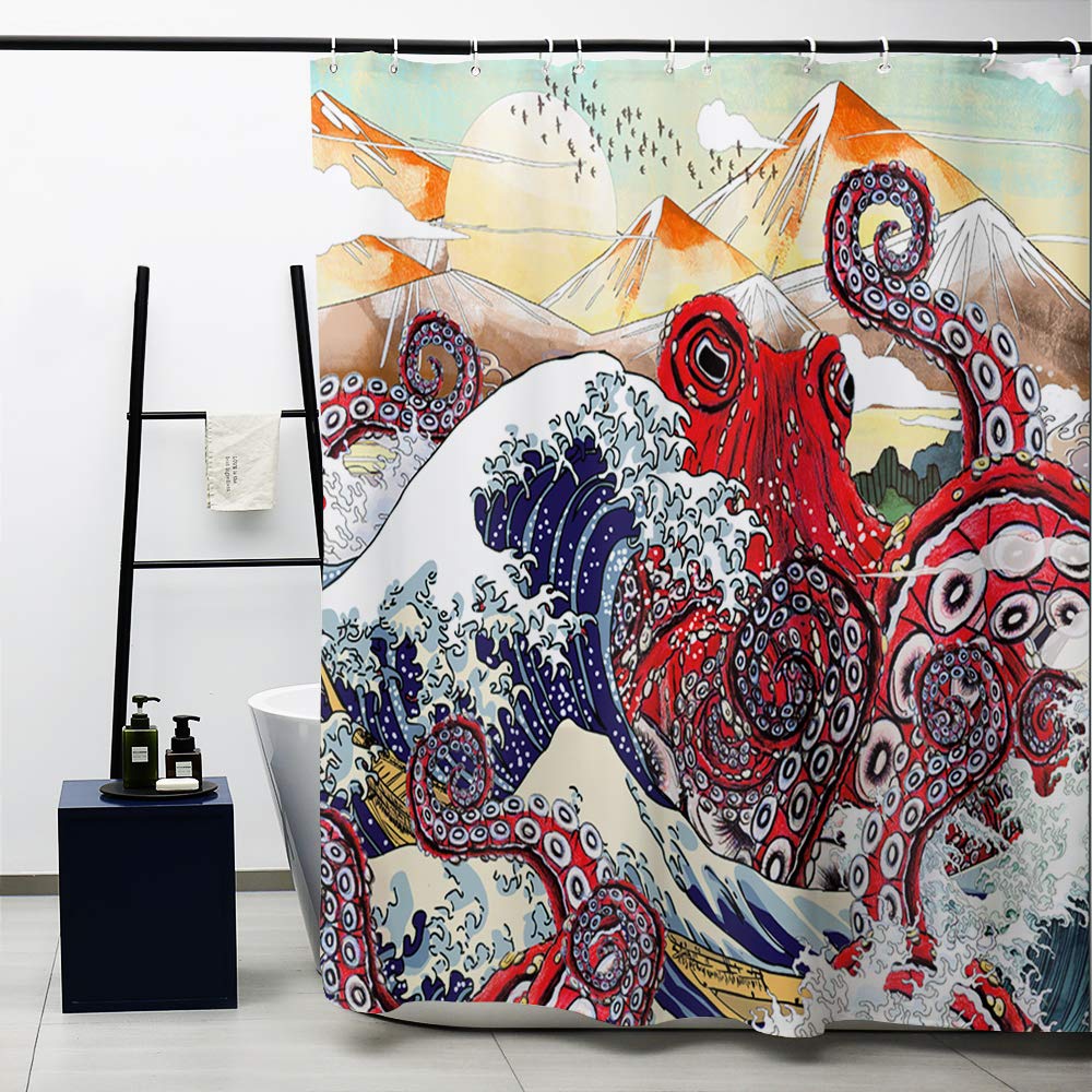 Obal Red Japanese Octopus Shower Curtain, Ukiyo-E Japanese Style Bathroom Curtains Water Resistant Mould Free Polyester Heavy Weight Bath Accessory With 12 Curtain Hooks Washable, 180cm * 180cm