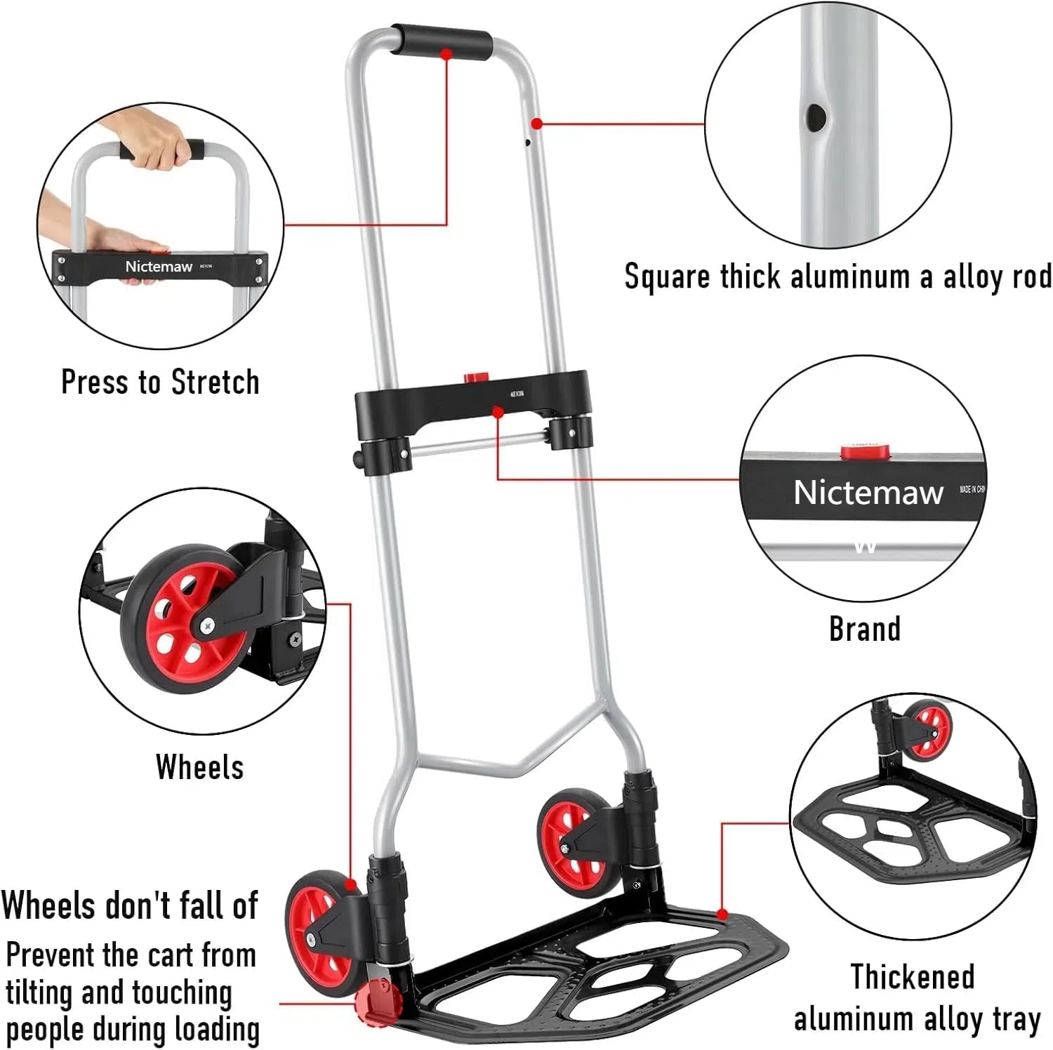 Nictemaw Carrello pieghevole in alluminio, manico telescopico 100 cm, uso industriale e domestico, capacità 100 kg, nero