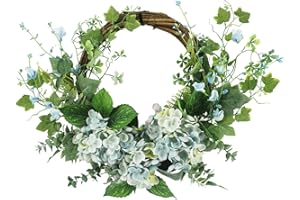 Hometrance 18 Inch Blue Hydrangea Front Door Wreath, Spring Summer Fall Wreath with Ivy, Eucalyptus & Hydrangea Leaves, Farmhouse Wreath All Seasons Year Round, Flower Wreath for Wedding Home Decor