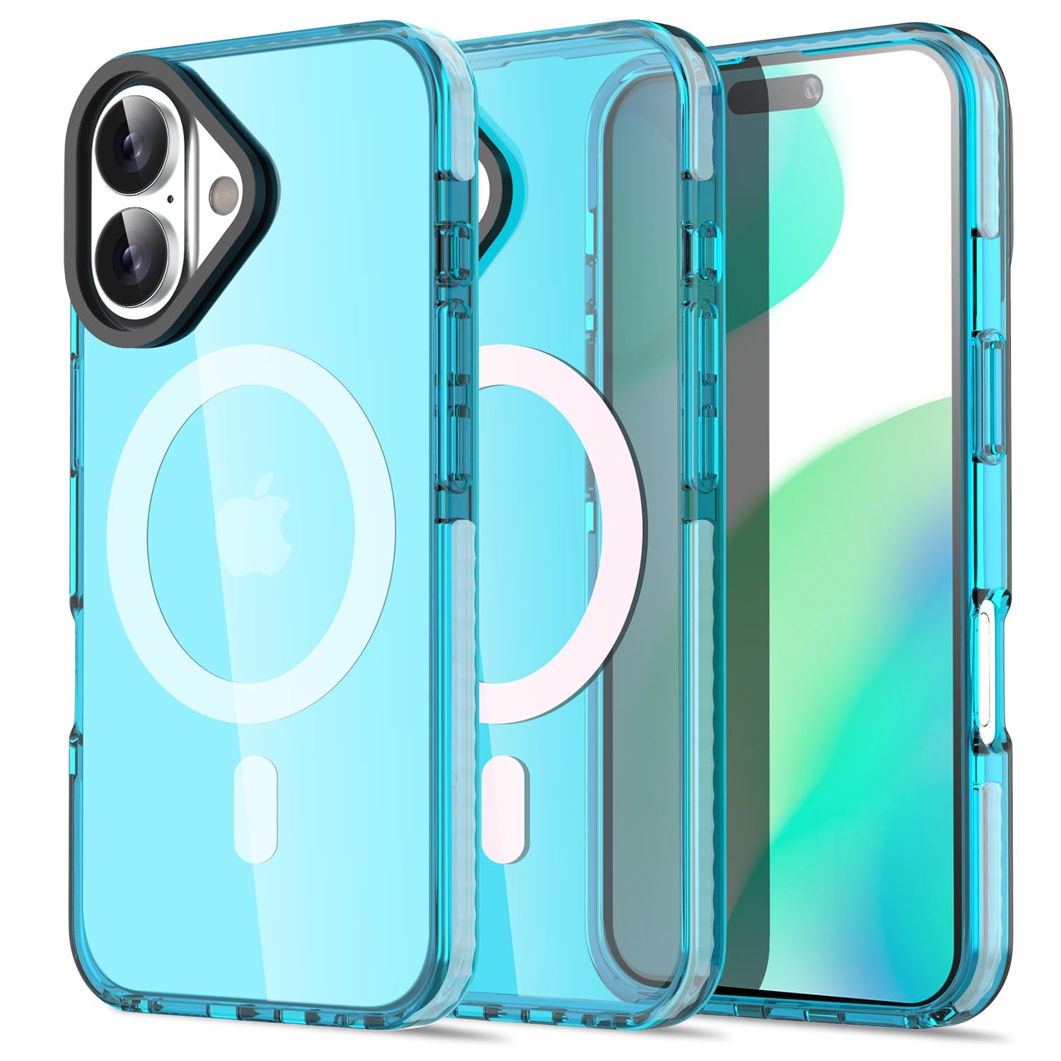 AICase Neon Light Blue Clear Phone Case for iPhone 16 Compatible with MagSafe, Magnetic Slim Thin Lightweight Colorful Colored Trendy Mag Safe Magnet Protective Bright Cell Phone Cover