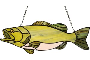 Bieye W10067 Largemouth Bass Fish Tiffany Style Stained Glass Suncatcher Window Panel with Chain, 16" W x 6" H