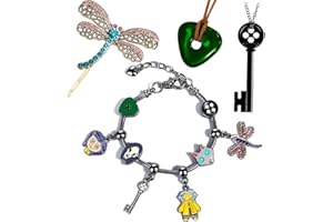 Yeyakaj Cosplay Jewelry & Accessory Set – Charm Bracelet with Keys & Pendants, Green Stone Necklace, Button Key Pendant & Dragonfly Hair Clip – Halloween, Party & Gift