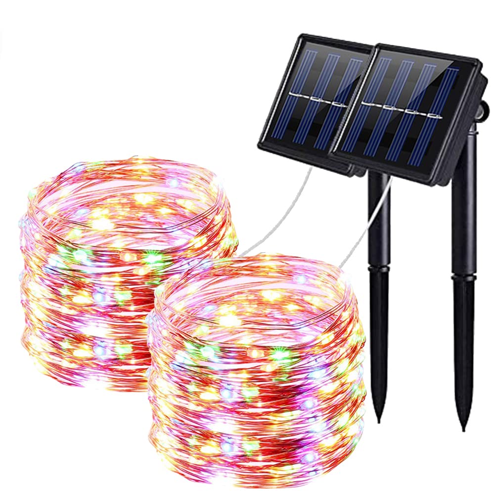 QSPORTPEAK Solar String Lights Outdoor Waterproof, 2 Pack 100 LED Solar Garden Lights, Copper Wire Lights with 8 Mode 12M/33Ft, Solar Powered Patio Lights for Christmas Tree Xmas Parties Wedding