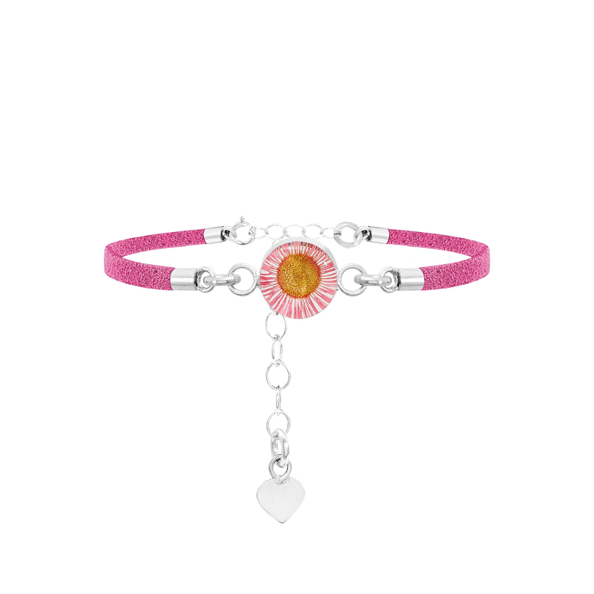 Shrieking Violet 925 Sterling Silver and Vegan Suede Round Real Flower Bracelet - Daisy (Pink) — image 1