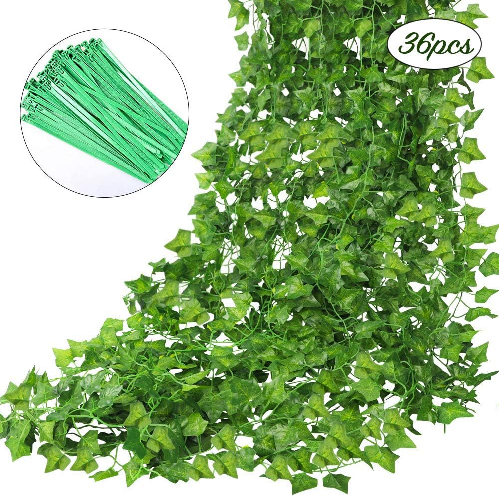 AGEOMET 236 Feet 36pcs Fake Ivy Artificial Greenery Garlands Fake Vines with 50pcs Green Nylon Ties for Home Garden Decoration