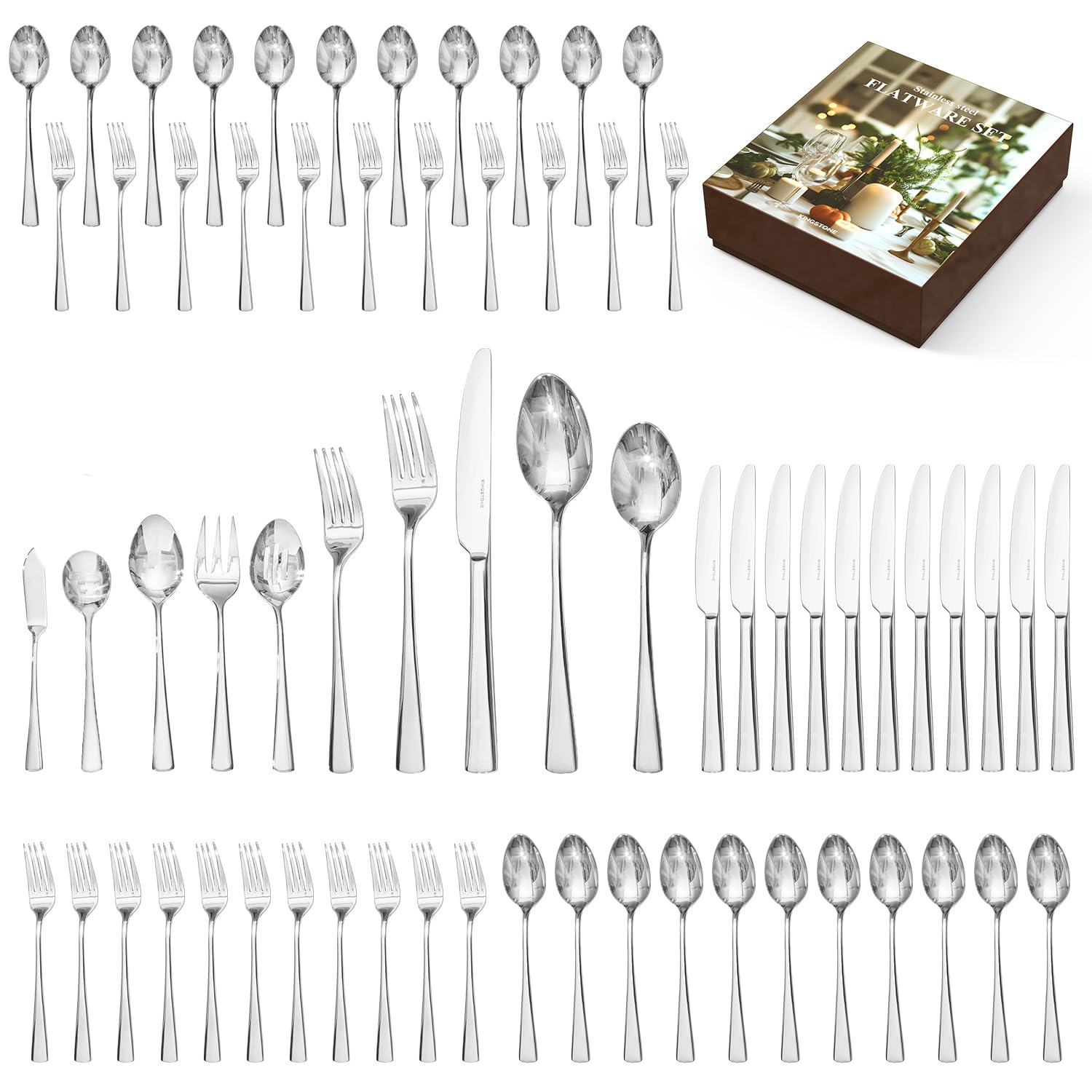 Photo 1 of KINGSTONE Silverware Set for 12, 65-Piece Forged 18/10 Stainless Steel Flatware Set, Mirror Finish Cutlery Set Dishwasher Safe for Home, Restaurant, Wedding, Party