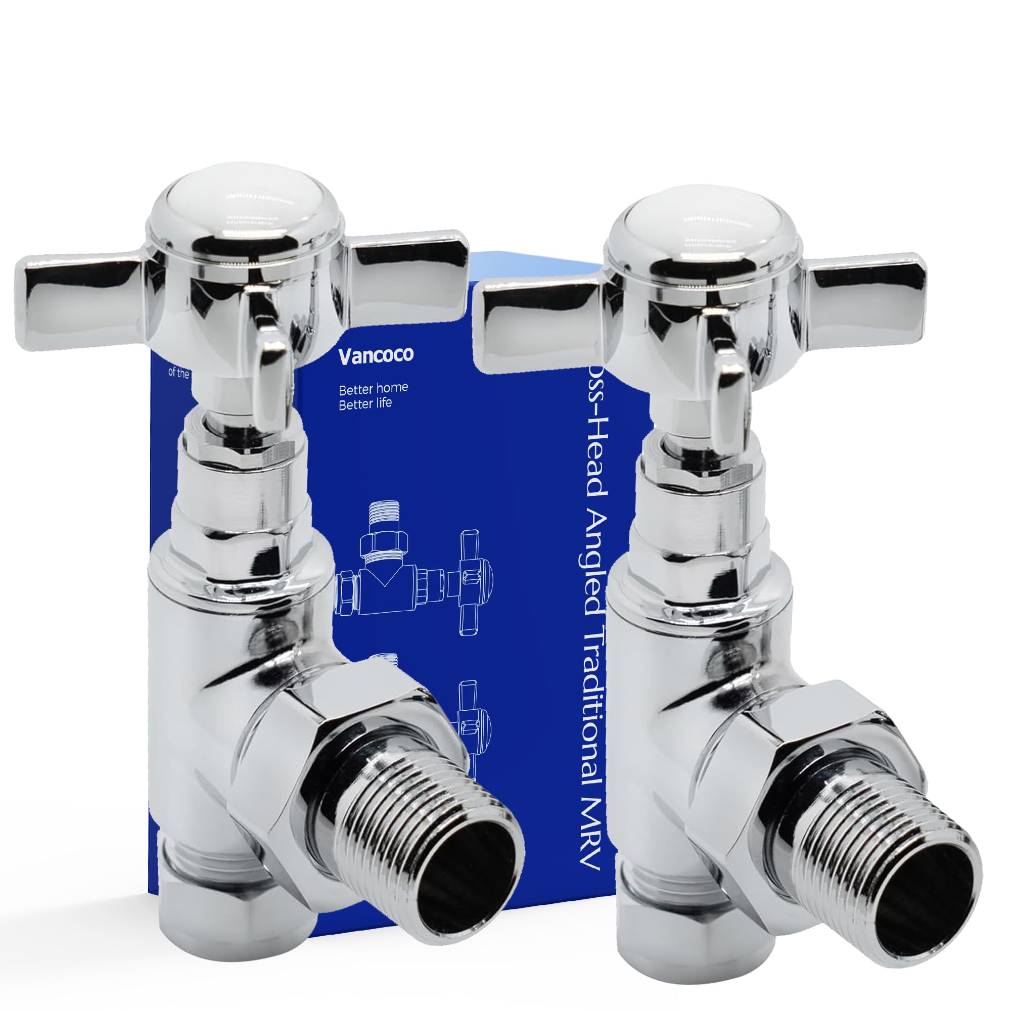 VANCOCO 1/2"×15mm Chrome Traditional Radiator Valve Angled (Pair) - Traditional Radiator Valves with Cross Handwheel Suitable for Heated Towel Rails or Central Heating Systems