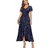Pinup Fashion Formal Dress Womens - Evening Party Sequin Cocktail Wedding Guest Flutter Sleeve High Low Long Dress