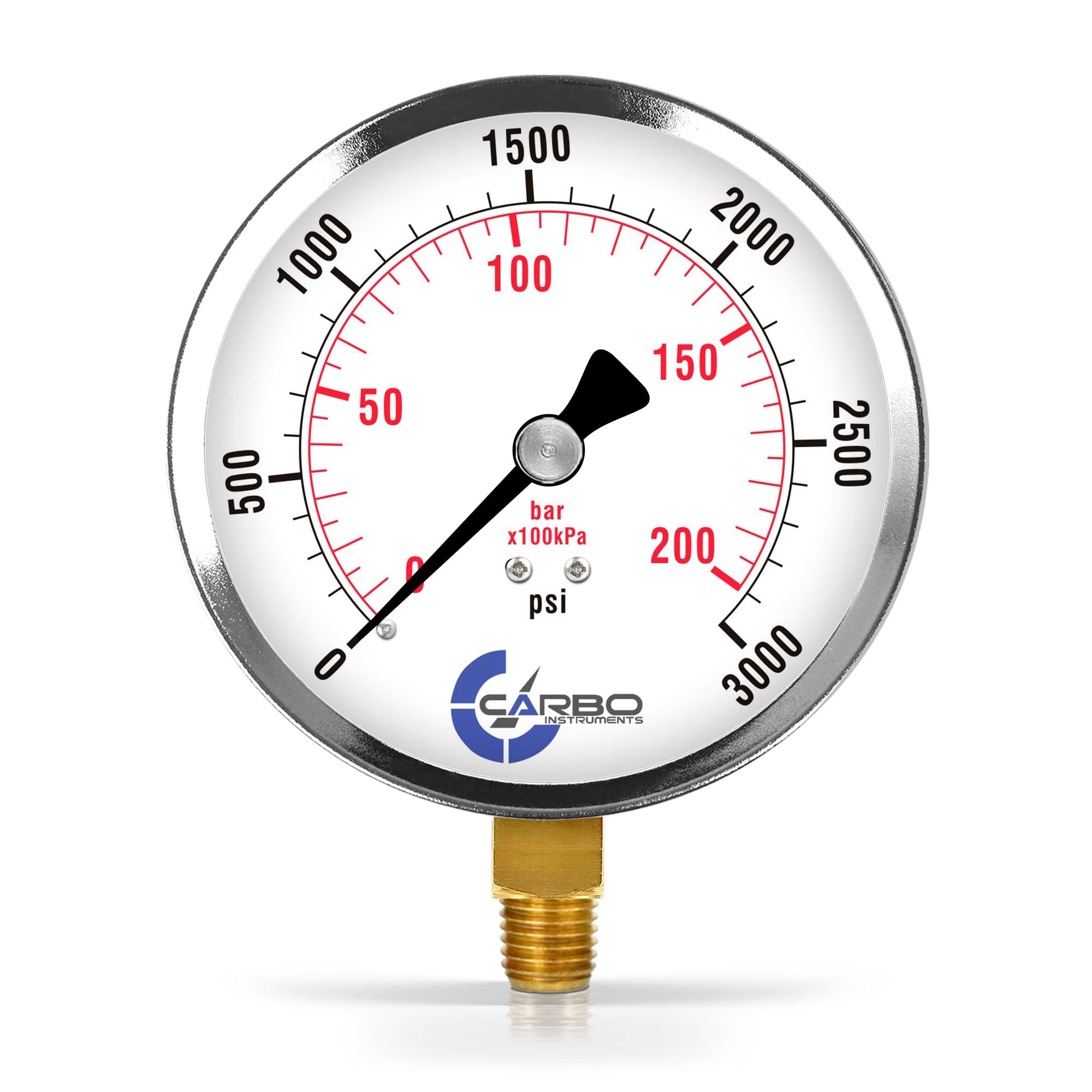 CARBO Instruments 4" Pressure Gauge, Chrome Plated Steel Case, Dry, 0-3000 psi/kPa, Lower Mount 1/4" NPT